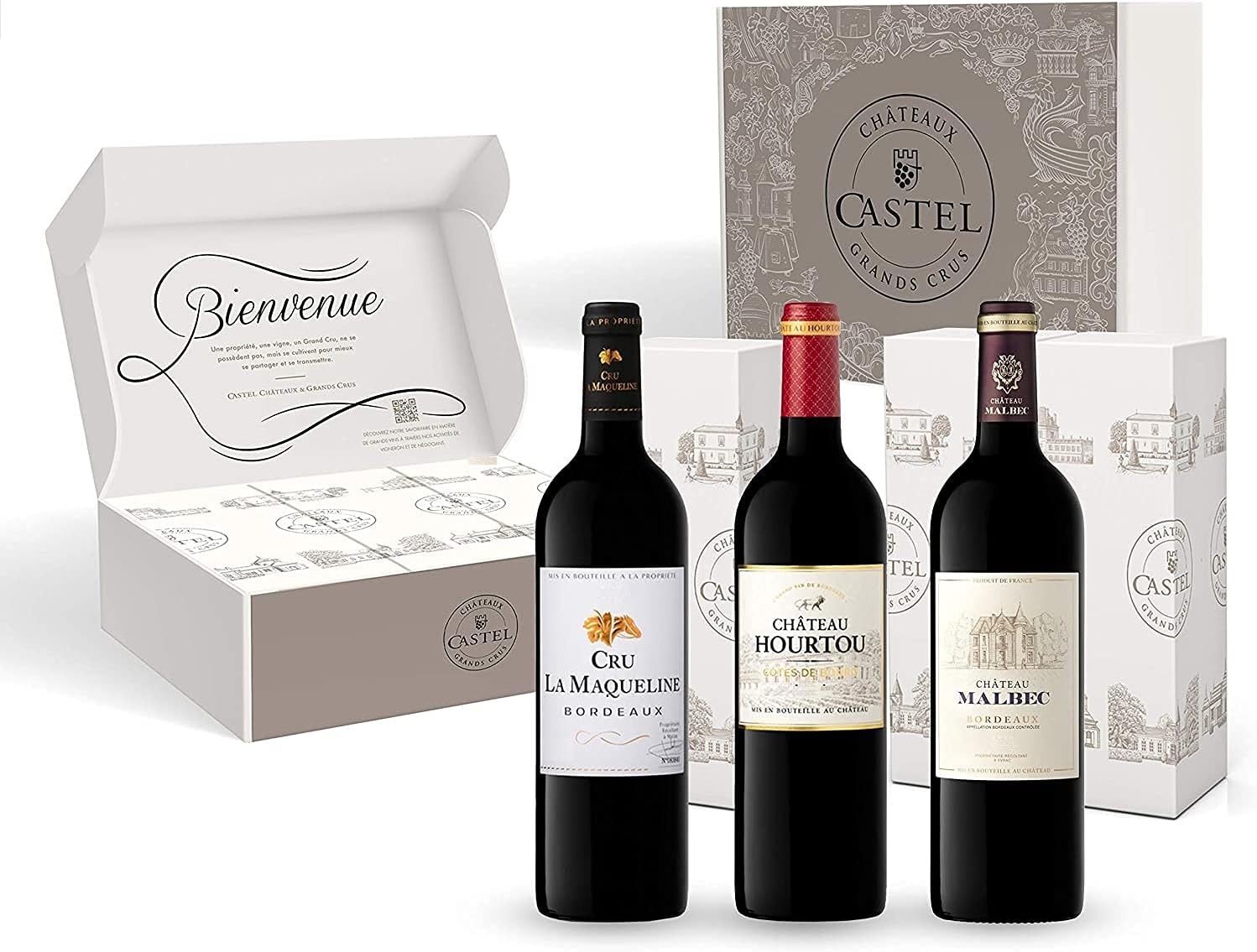 Coffret Cadeau - Vin Rouge - Prix Plaisir Vin de Bordeaux – Cru la Maqueline – Château Hourtou – Château Malbec - 3x75cl Coffret Prix Plaisir