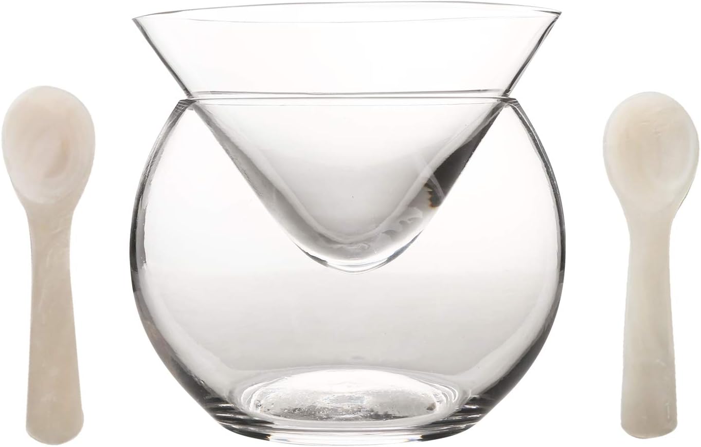 DUEBEL Glacière en Verre Caviar et 2 Cuillères en Coquille de 8 cm, Service à Caviar Transparent- pour Caviar, Martini, Vin, Liqueur et Cocktail