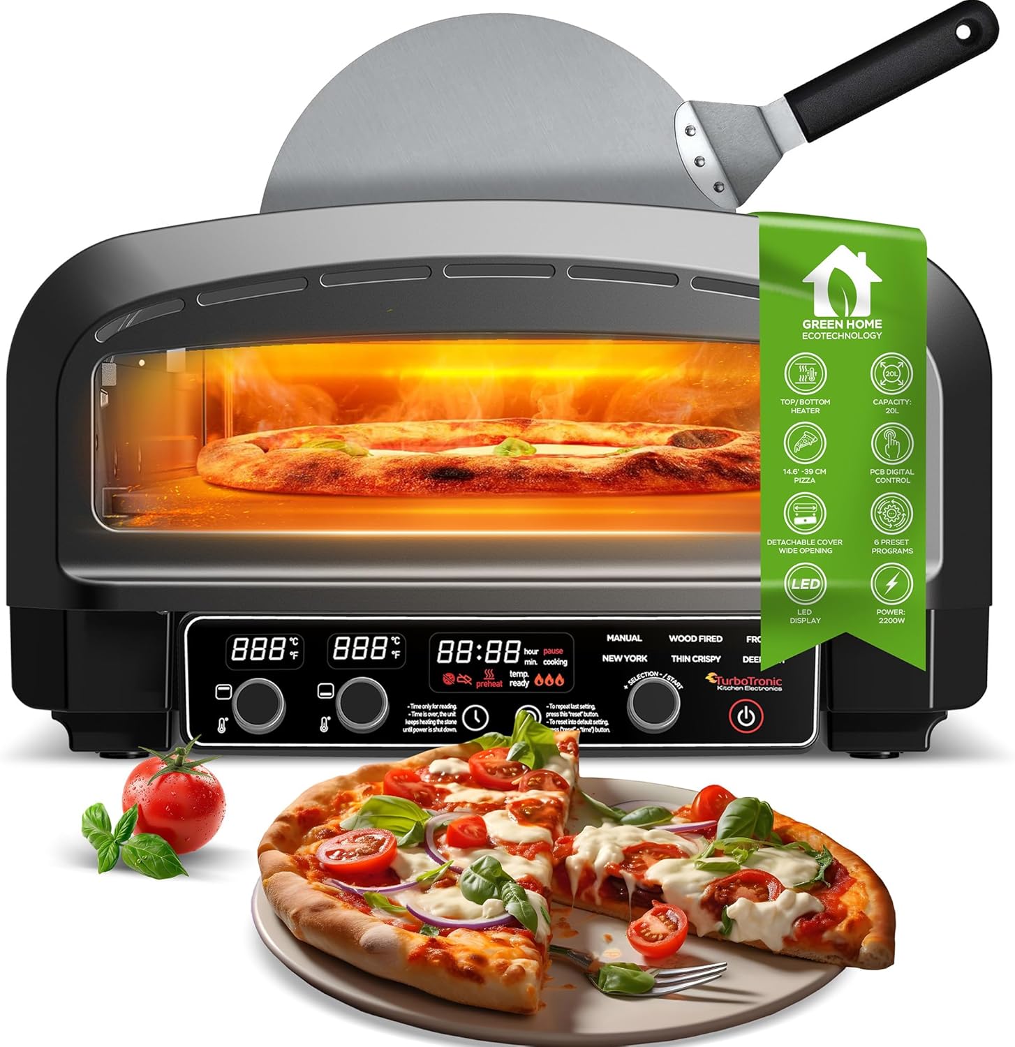 Four à pizza électrique jusqu'à 450°C pour 37 cm (14.6") Pizza New York avec pierre à pizza – Utilisation intérieur/extérieur – 2200W – Idéal pour maison, jardin, table ou cuisine mobile