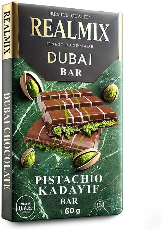 Chocolat de Dubaï, Fourré À La Pistache et au Kadaïf, Fabriqué À Dubaï (U.A.E.), Tablette inspiration orientale, Expérience Gourmande Crème de Pistache (60 grammes, Chocolat au lait) Pistache Et Chocolat Au Lait 60 grammes