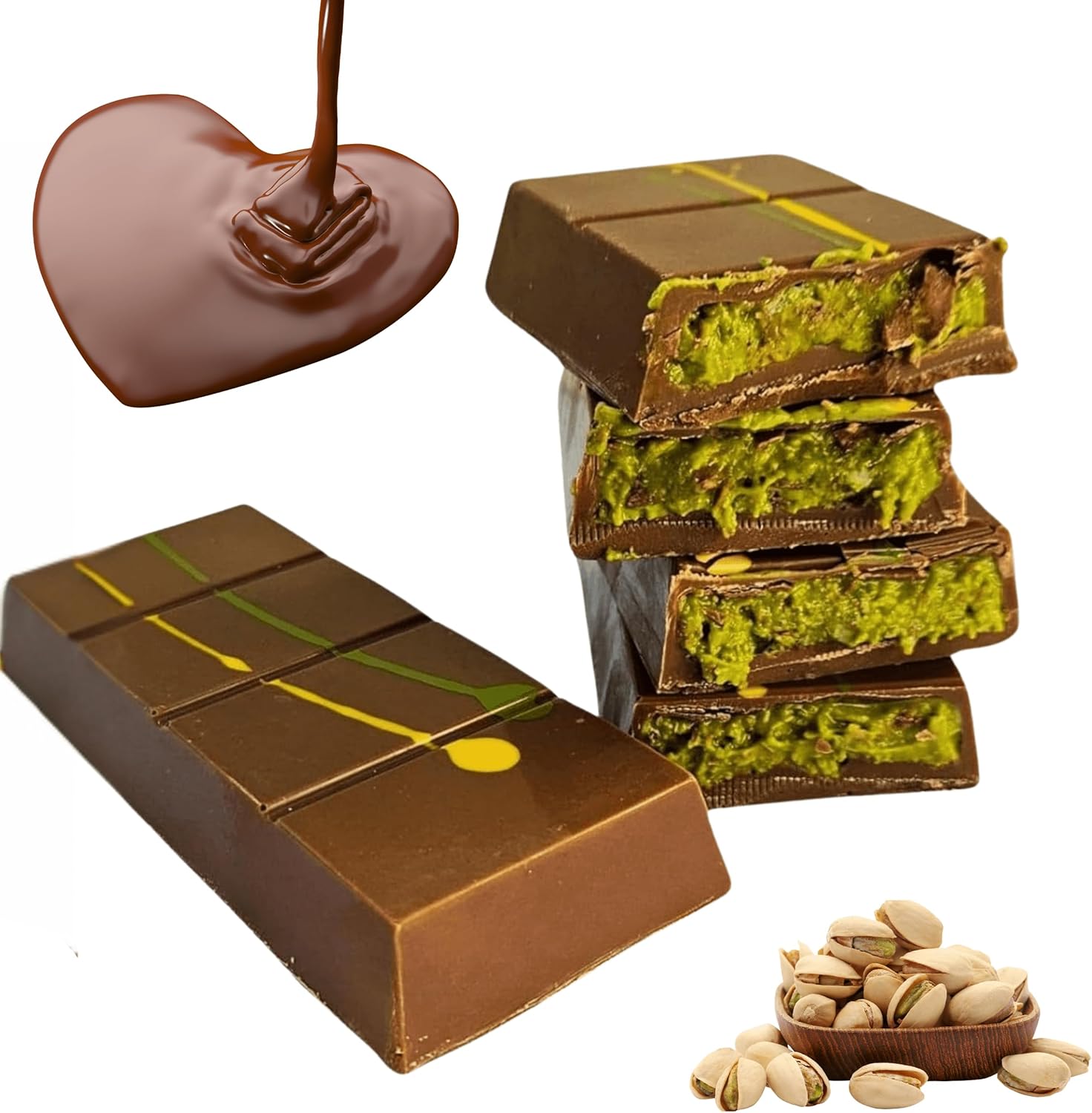 100g Chocolat Premium de style Dubaï - Fait Main avec Crème de Pistache - Produit artisanal gourmand - Fourré à la délicate crème de pistache et aux fils de pâte grilles mini chocolat style Dubaï