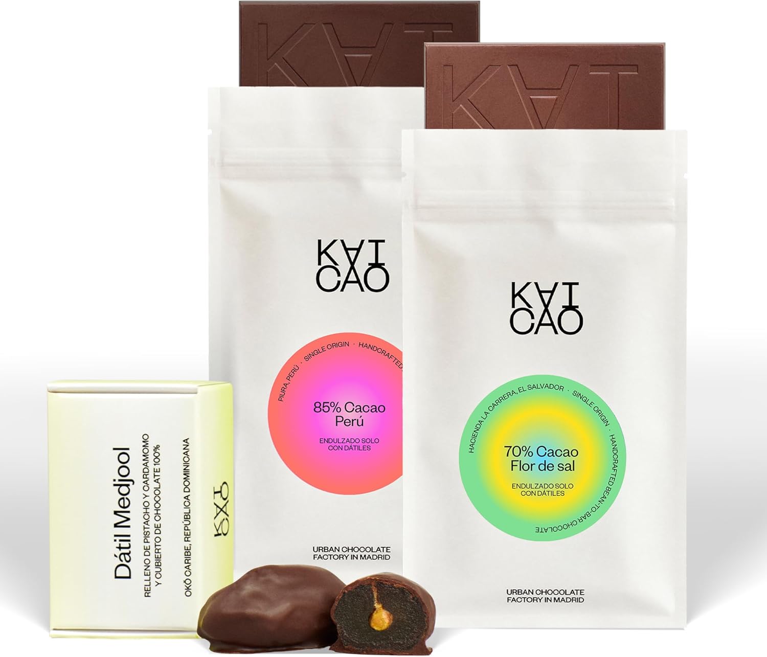 Kaicao Chocolat Noir et Dattes Medjool - Dégustation de 2 Chocolats Noirs 70% Cacao Colombia avec Fleur de Sel, 85% Cacao Pérou, et Quatre Dattes Medjool Fourrées aux Pistaches et Cardamome - 3 Paquet