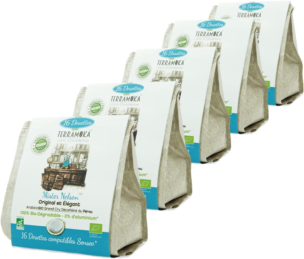 80 Dosettes (5 * 16) Café 100% Pur Arabica du Pérou - Compatible avec Dosette Senseo - Expresso et Lungo - Bio Original et Elégant - Mister Nelson - 100% Biodégradables - Torréfié en France Décaféiné 16 unité (Lot de 5)