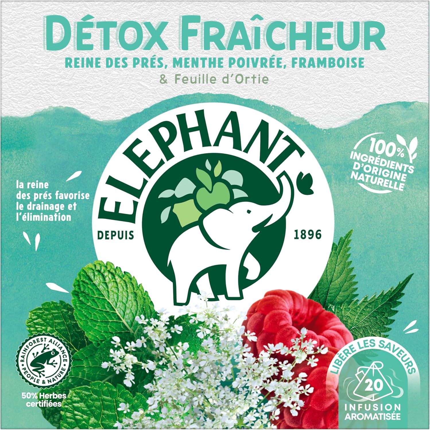 , Infusion Détox Fraicheur, Goût Reine des Près, Menthe Poivrée et Framboise, Ingrédients d'Origine 100% Naturelle, 20 Sachets Pyramid Detox Fraicheur