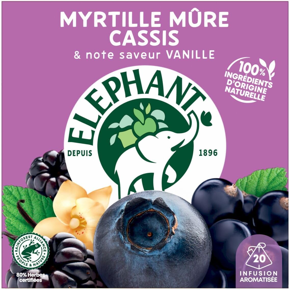 , Infusion Aromatisée, Goût Myrtille Mure Cassis & Vanille, Certifié Rainforest Alliance, Ingrédients d'Origine 100% Naturelle, 20 Sachets Pyramid