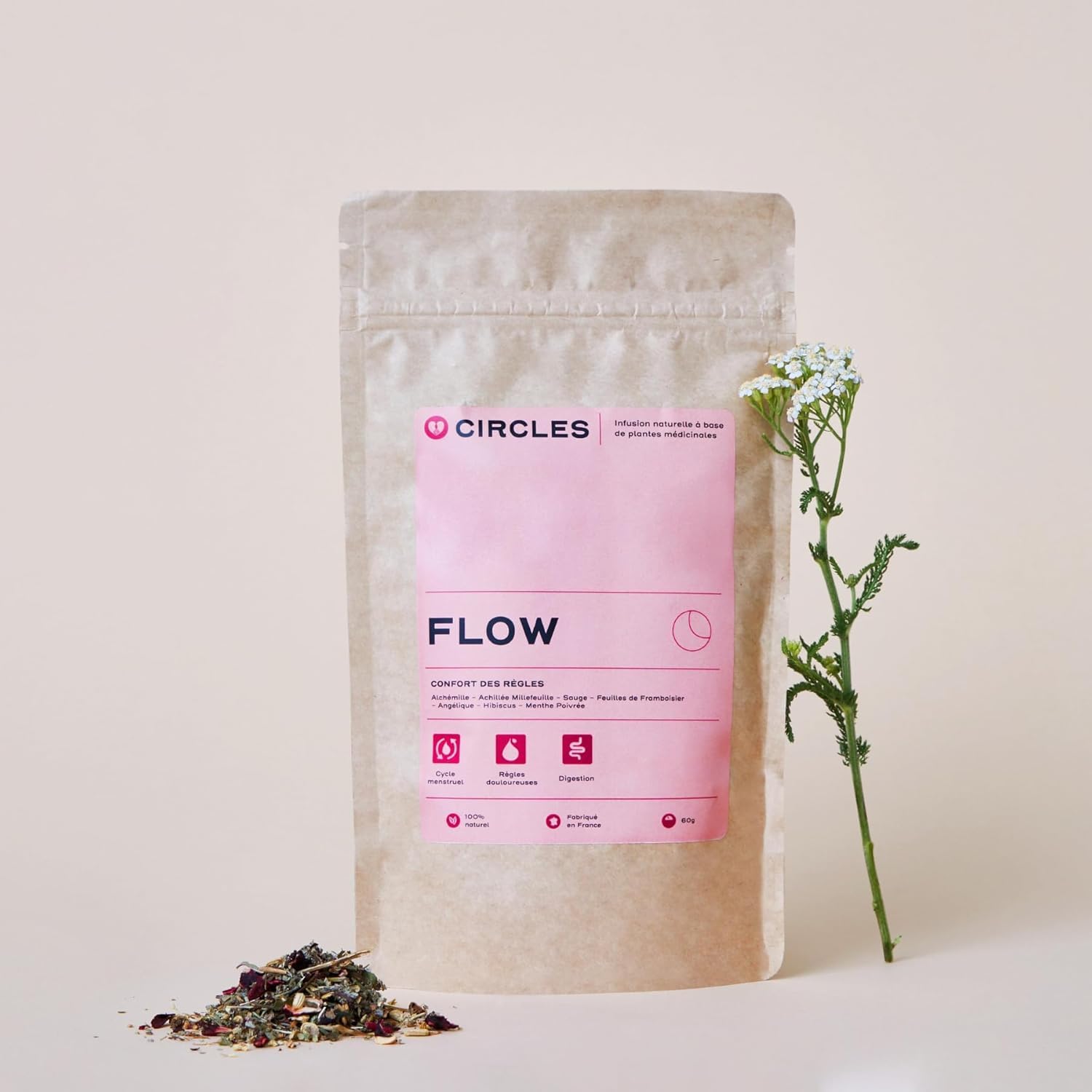 FLOW - Infusion Naturelle à Base de Plantes Médicinales - Cure de confort pendant les règles - Soulage, Apaise et Régularise - Framboisier, Achilée Millefeuille - 1 Sachet/60g