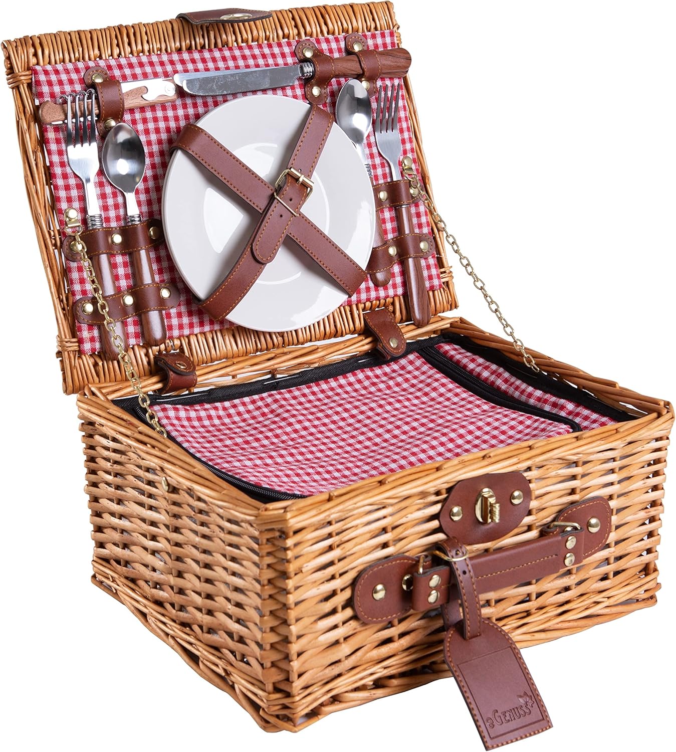 Panier de Pique-Nique en Osier Naturel Rouge – 2 Personnes – Service Complet avec Vaisselle en Céramique & Verres à Vin – Grand Compartiment Isotherme Rouge Vichy 2 personnes