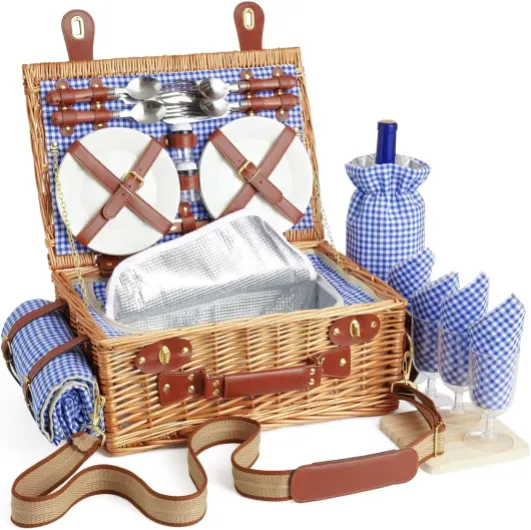Panier de pique-nique en osier pour 4 personnes avec compartiment isotherme et couverture de pique-nique imperméable, sangle amovible, sac à vin, la randonnée, le barbecue et les couples L for 4 Person