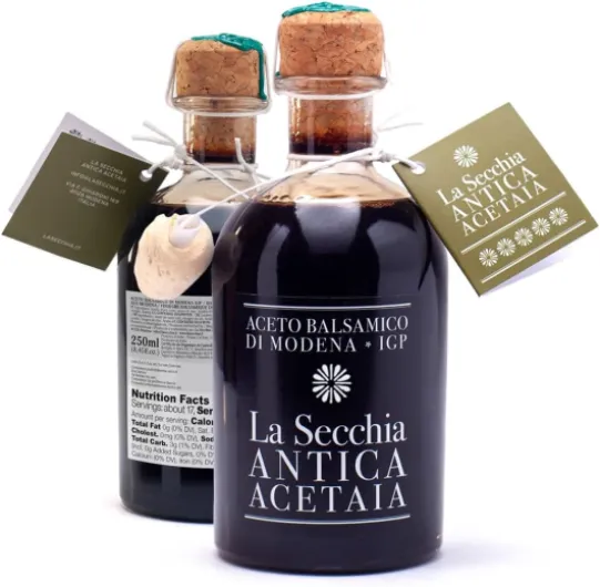 Vinaigre Balsamique de Modène IGP "Cinq Étoiles", Vieilli dans 20 Fûts de Bois Différents, Haute Densité, Boutelle de 250 ml avec Bouchon Doseur en Liège