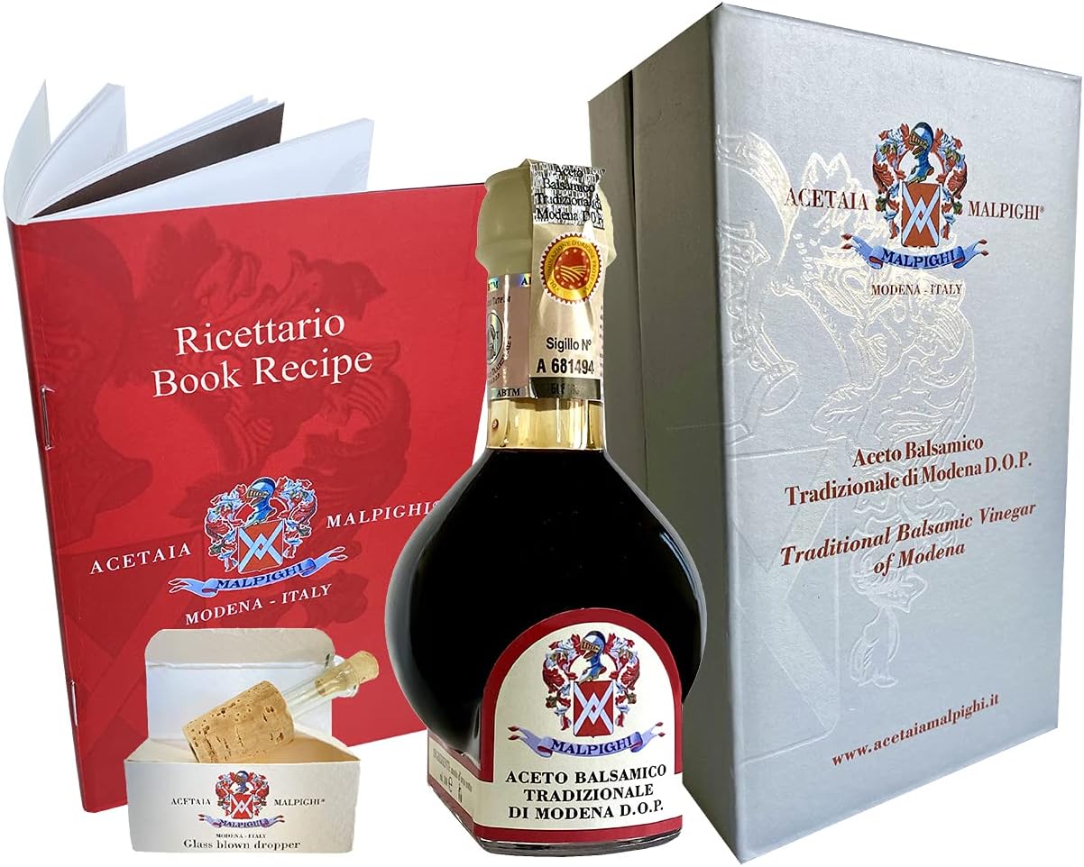Vinaigre Balsamique Traditionnel de Modène AOP vieux de 12 ans - 100ml + Doseur en verre + Livre de recettes - Acetaia Malpighi