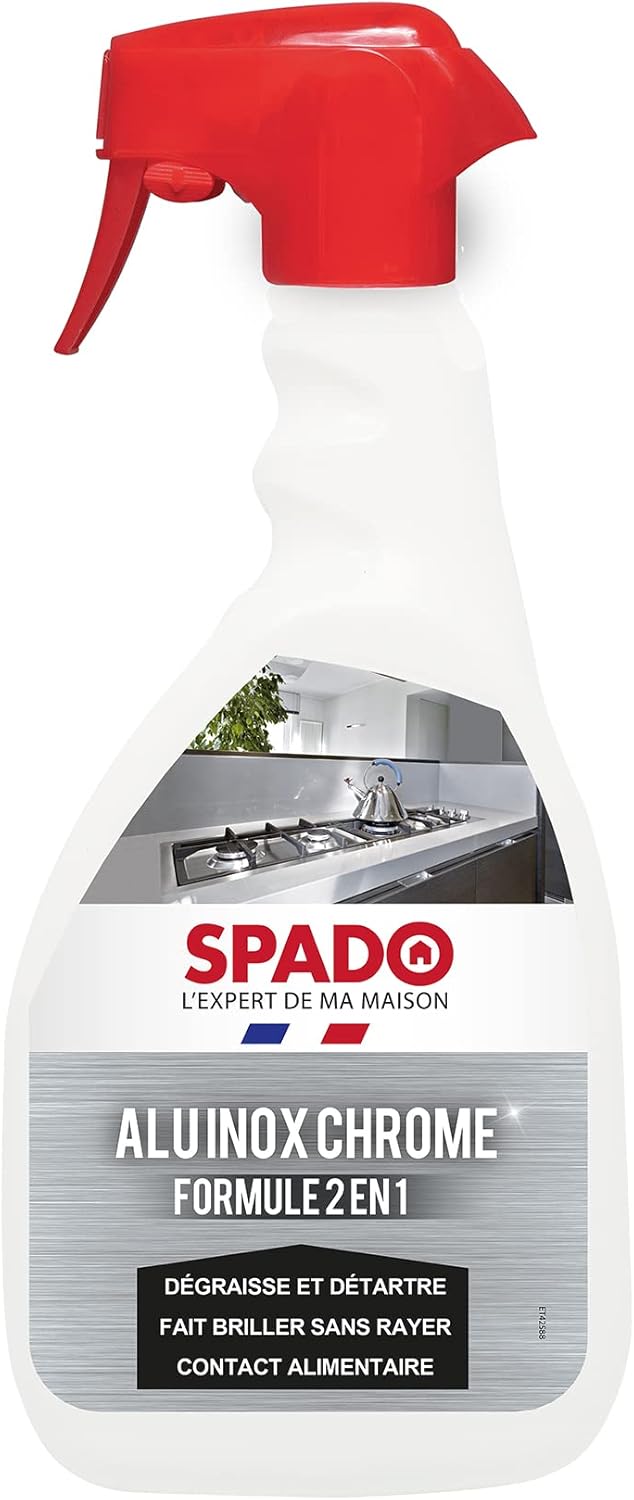 Alu inox chrome - Formule 2 en 1 - Dégraisse et détartre - Fait briller sans rayer - contact alimentaire - 500 ML - Fabriqué en France