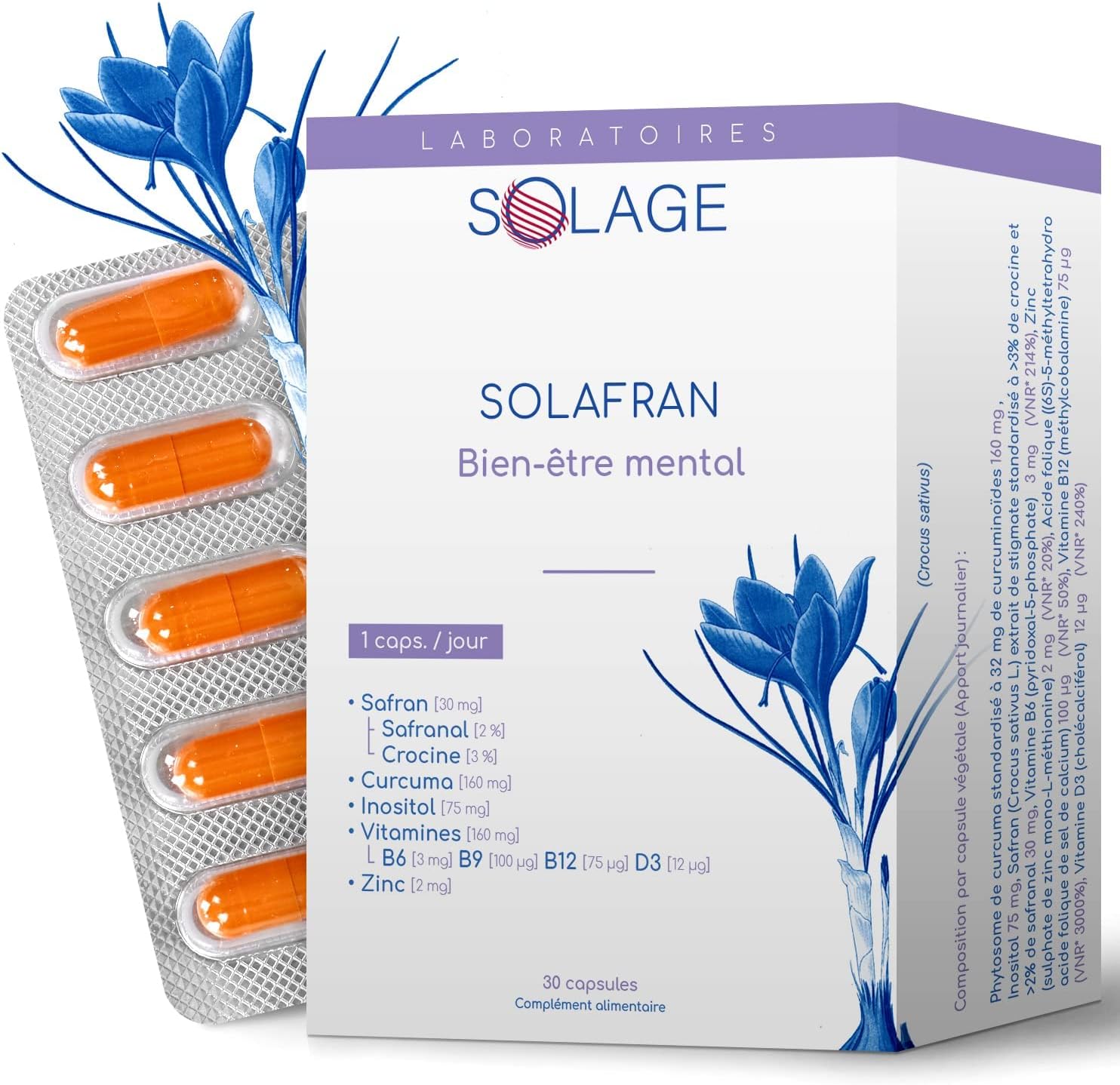 SOLAFRAN - SAFRAN Ultraconcentré - Moral, Stress, Sommeil perturbé, Relaxation, Humeur - 30 capsules - Extrait Titré et Vitamines - Safran, Safranal, Crocine - Laboratoire Français SOLAGE