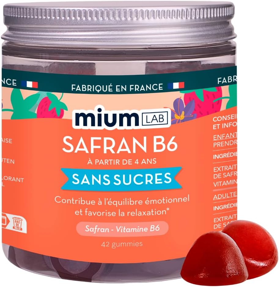 Mium Lab - Gummies Safran Hautement dosé (40mg) et Vit B6 sans sucres - Enfants et Adultes - Formule exclusive - Programme 3 à 6 semaines - Saveur Fraise - Fabriqué en France 1 Pot Saveur Fraise
