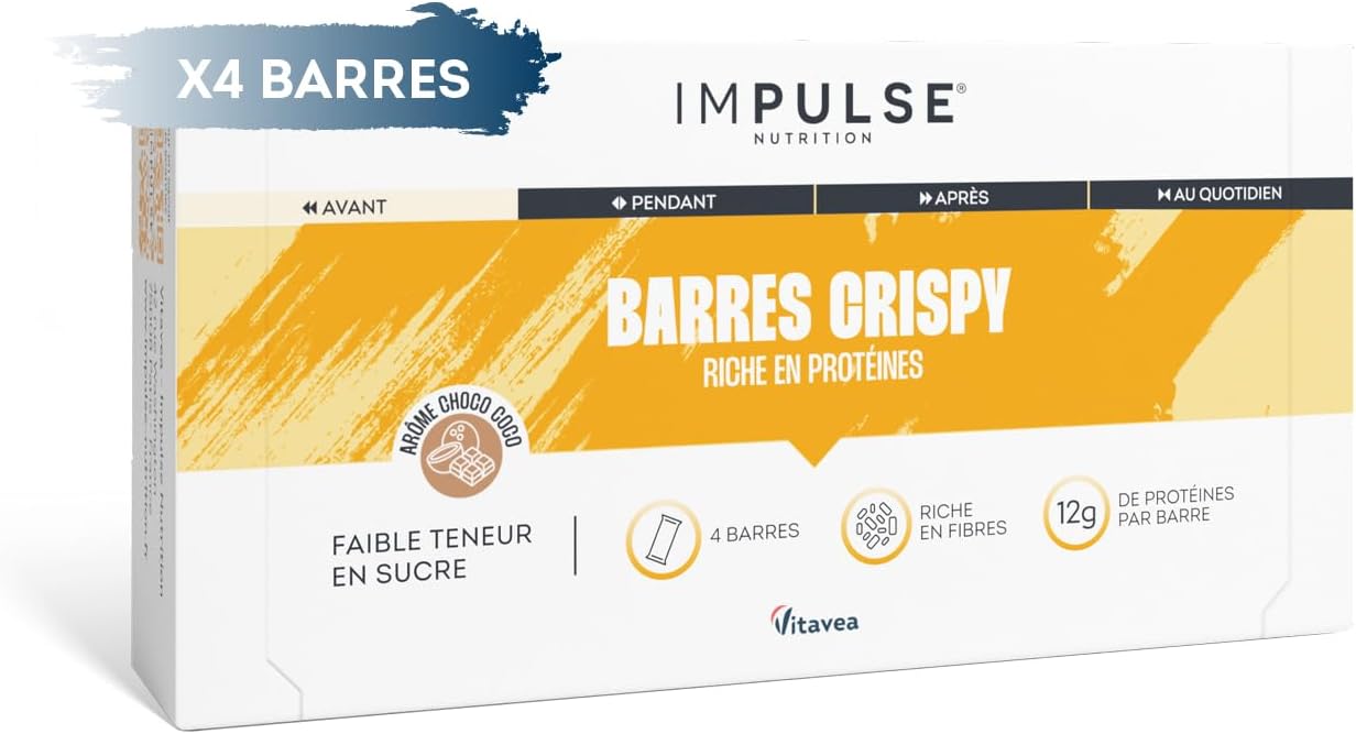 4 Barres Protéinées Crispy Chocolat Coco - 11g Protéines, Riche en Fibres, Faible en Sucres - Prise de Masse, Énergie et Plaisir - Snack Protéiné - Encas Sain - Texture crunchy - IMPULSE NUTRITION Noix de coco