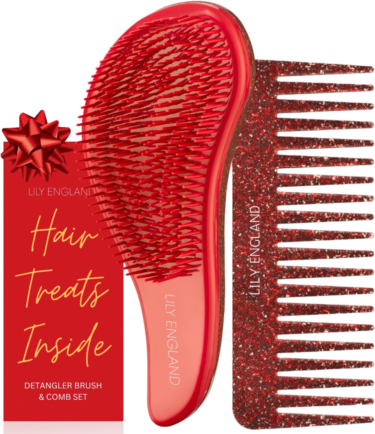 Coffret cadeau brosse démêlante de Noël et peigne à dents larges – Cadeaux idéaux pour les femmes, cadeaux de Noël et idées cadeaux pour adolescentes, édition limitée rouge Paillettes rouges