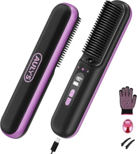 AULYS Brosse Lissante Sans Fil – Chauffage Rapide 25s, 6 Températures Réglables, Batterie 2400mAh, Anti-Frisottis, Affichage LED, Sécurité Anti-Brûlure – Pour Tous Types de Cheveux