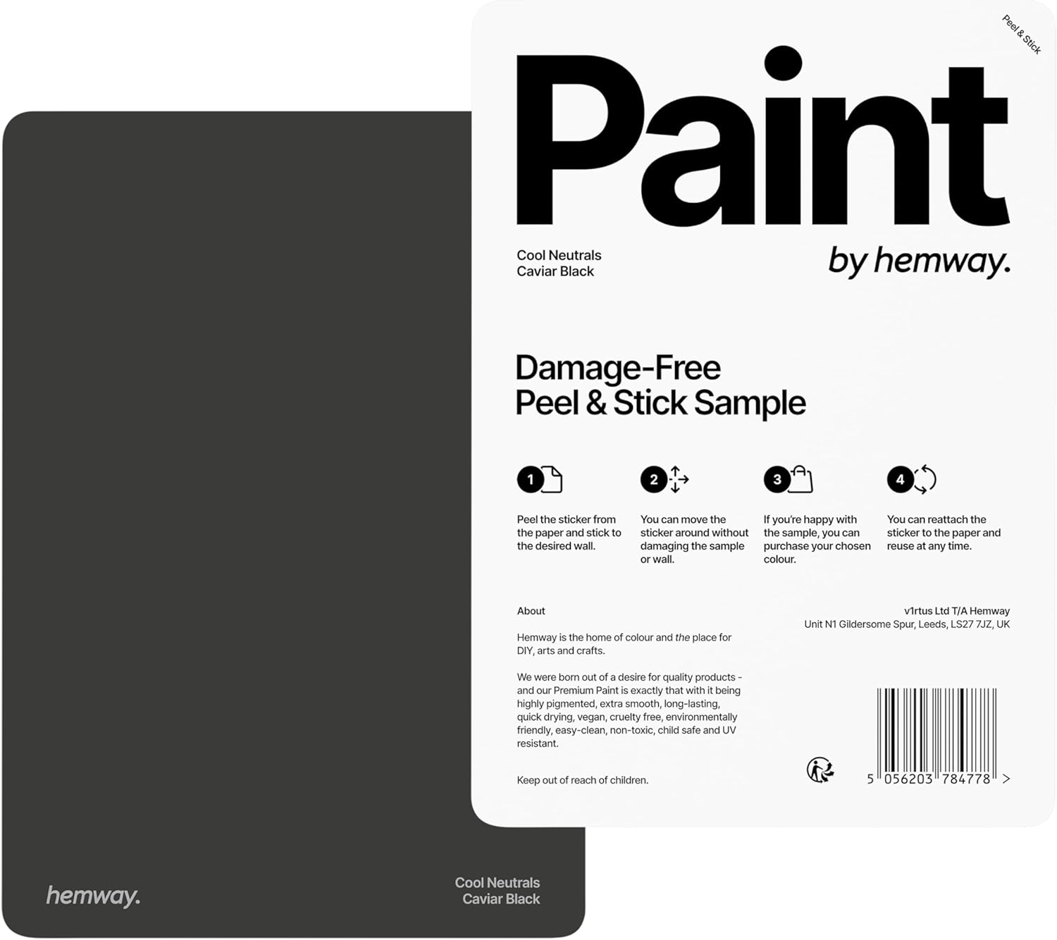 Caviar Black – Échantillon – Peinture d'intérieur de qualité supérieure – Émulsion acrylique écologique de fabrication britannique – Finition mate, faible teneur en COV, mur intérieur, plafond, Échantillon A5 Peel and Stick Caviar