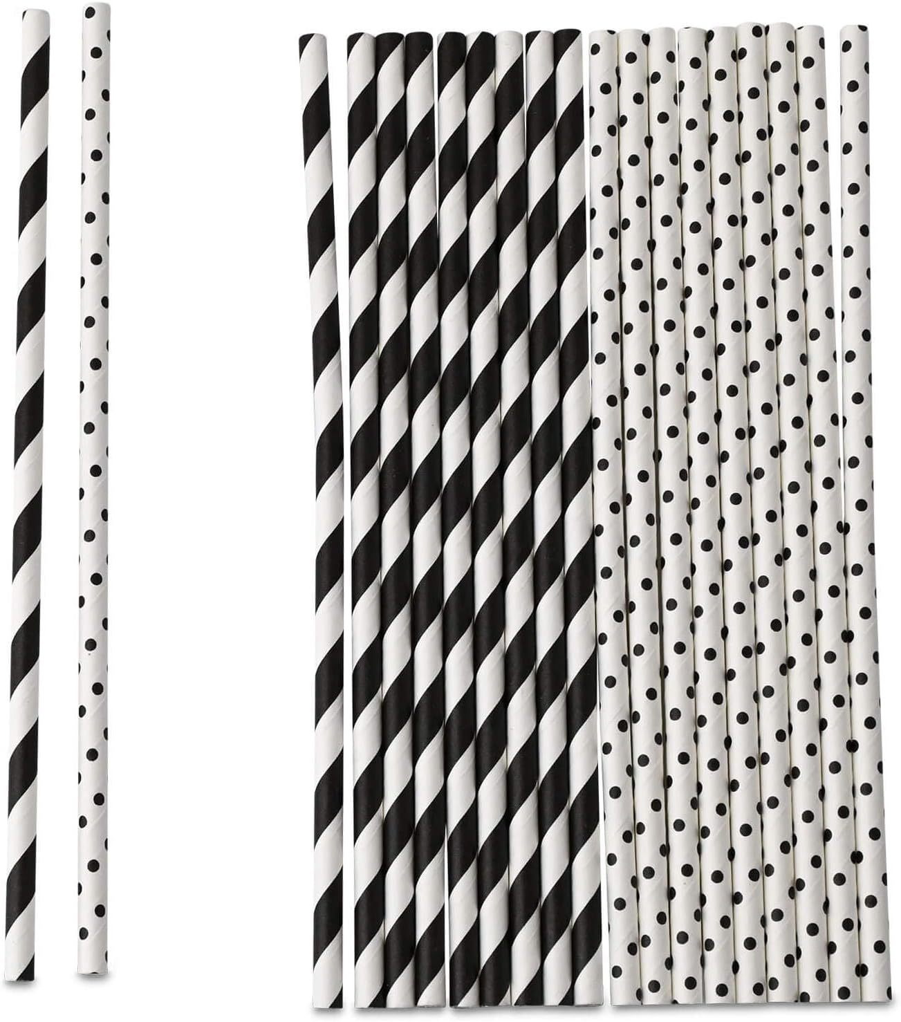 480x Pailles en carton 20 cm, Ø 0,6 cm noir et blanc - cocktail accessoire biodégradable decoration plage - paille comestible 480 pièces Noir et Blanc