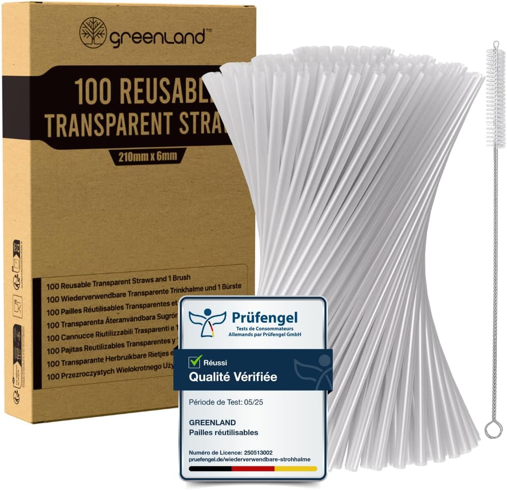 Greenland – 100 Pailles Transparentes Réutilisables avec Brosse – 21 cm de long, 6 mm de diamètre – Idéales pour les cocktails, le lait, les jus et le thé