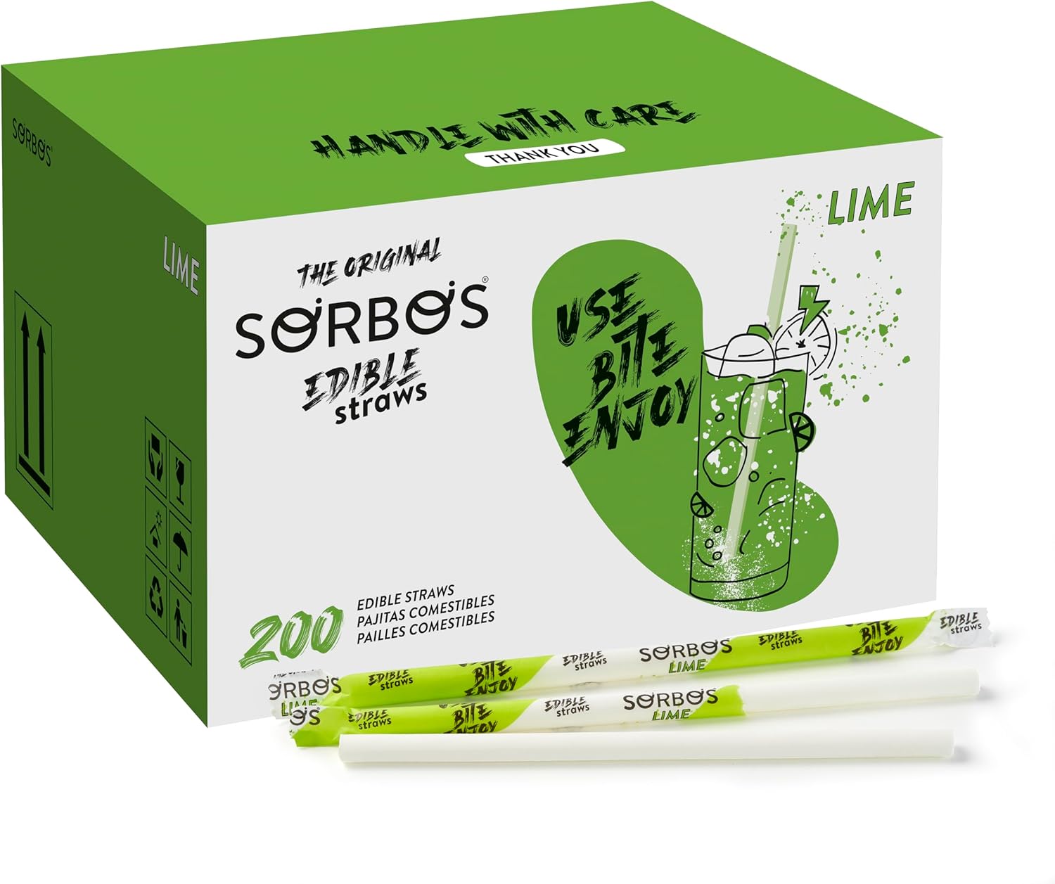 Sorbos - Pailles comestibles saveurs citron vert - Durable, emballé individuellement, sans allergène, sans gluten, 100% biodégradable (lot de 200)