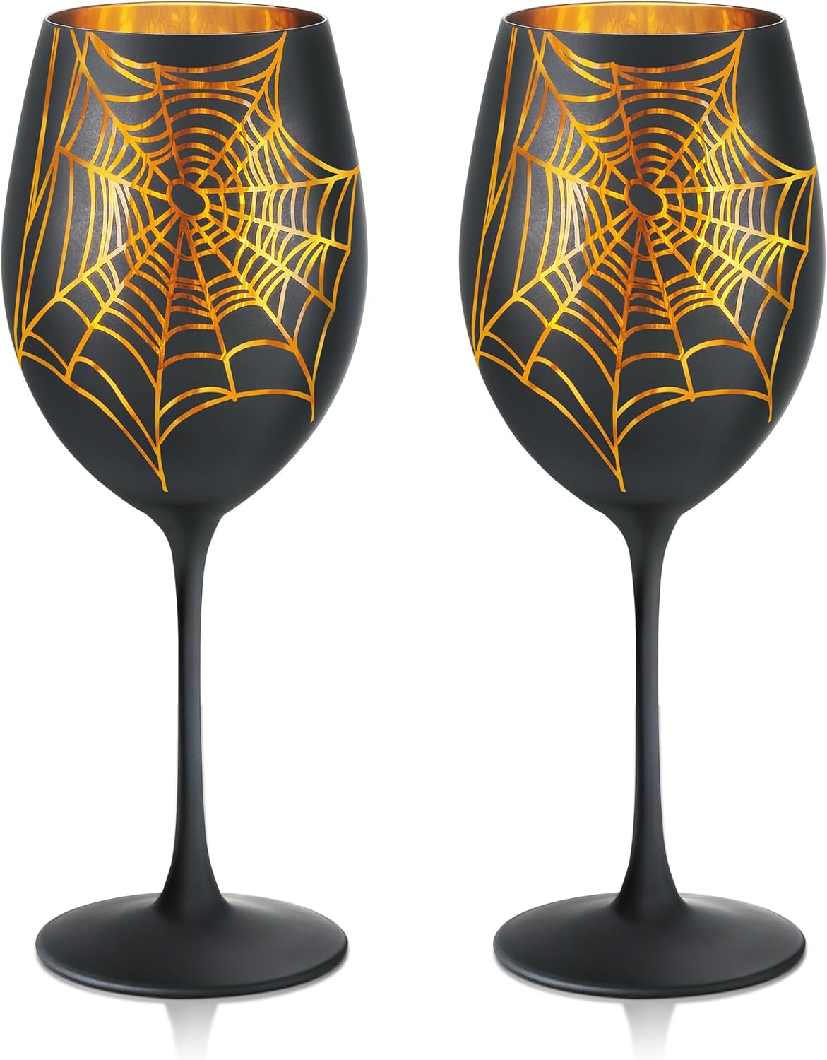 580ml Noir Verres à Vin Halloween avec Toiles d'araignée Dorées, Lot de 2 Verres à Pied pour Vin Rouge,Jus,Boissons,Finition Artisanale,Cadeau Festif, Décoration de Table pour Vacances et Fêtes Verres À Vin avec Pied