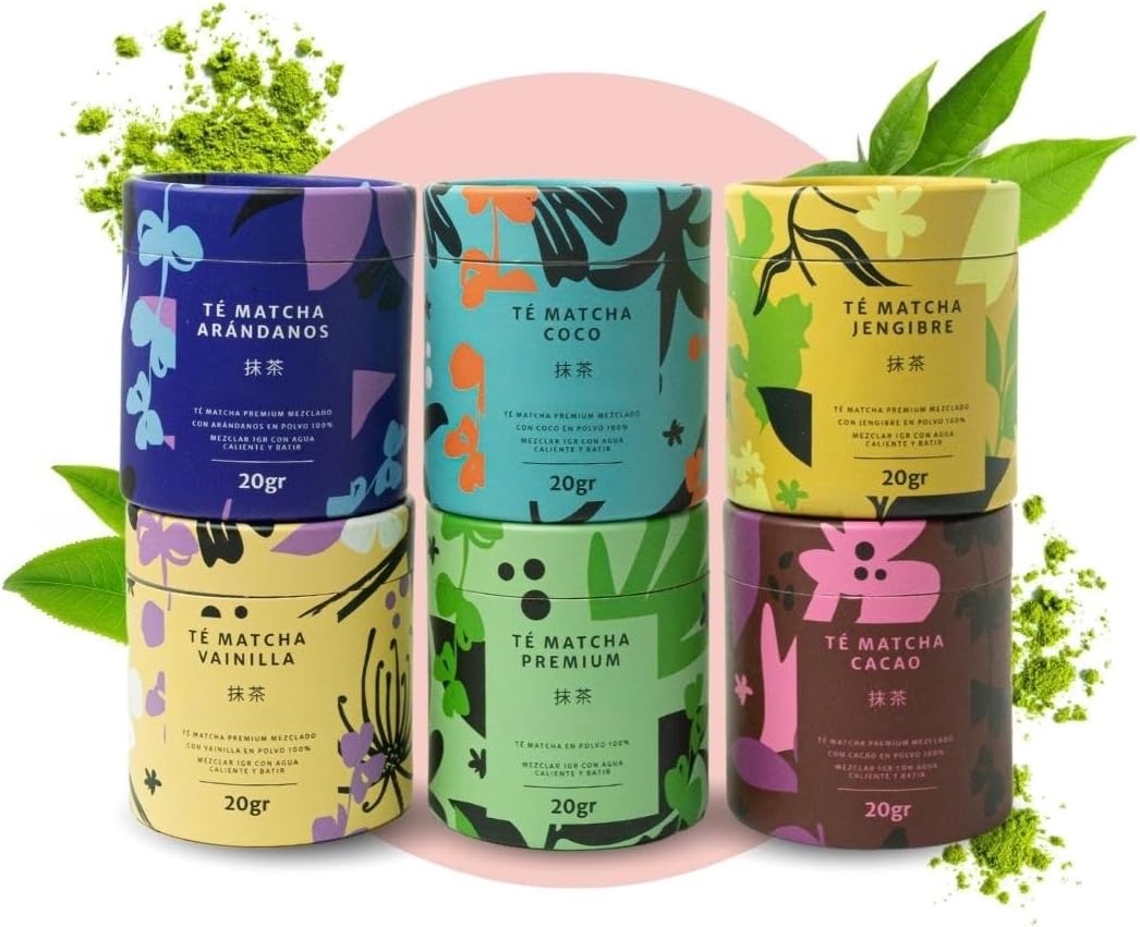 Pack 6 Saveurs - Thé Matcha Premium 100% - Thé Matcha Original, Vanille, Coco, Cacao, Gingembre, Myrtilles - Matcha Poudre - Pour 3 mois