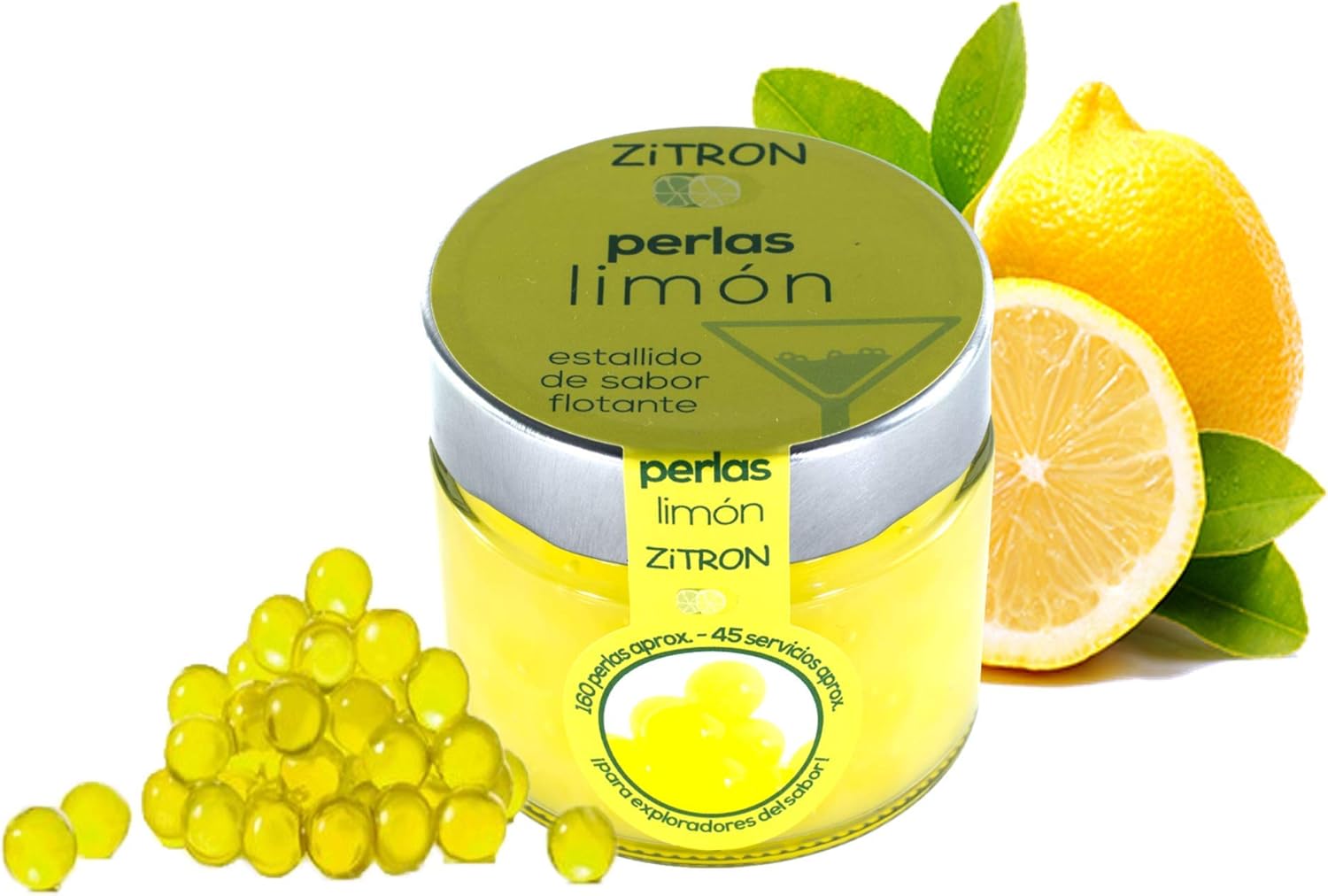 Perles de cocktail au citron - Concentré de fruits en perles pour cocktail / décoration / tapas / salades / Noël / boissons - Sphères de zitron de haute qualité - Bocal de 180gr, 160-180 sphères.