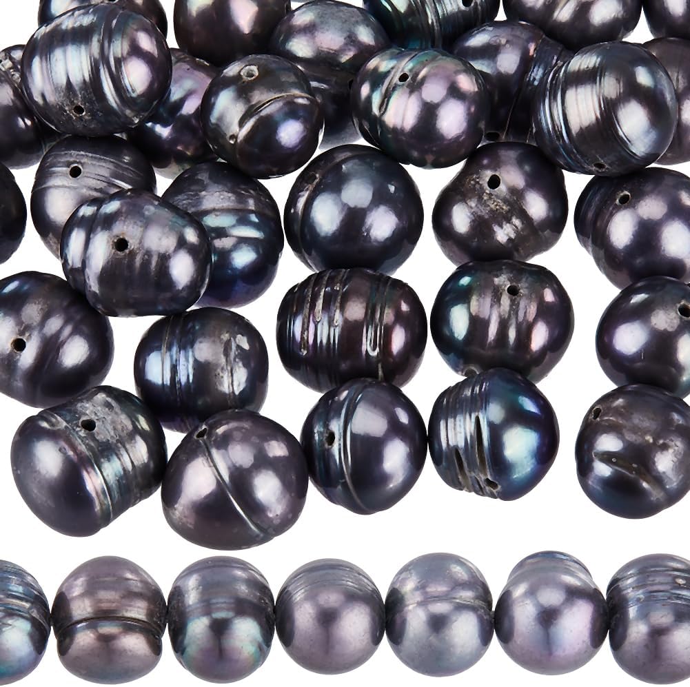 1 boîte de 43~48 pièces de Perles D'Eau Douce de 7.5~10 mm, Perles Noires, Perles de Culture Naturelles Baroques Rondes Irrégulières en Obsidienne, Perles Véritables pour la Fabrication de B 43~48pièces de Perles D'eau Douce de 7.5~10 Mm
