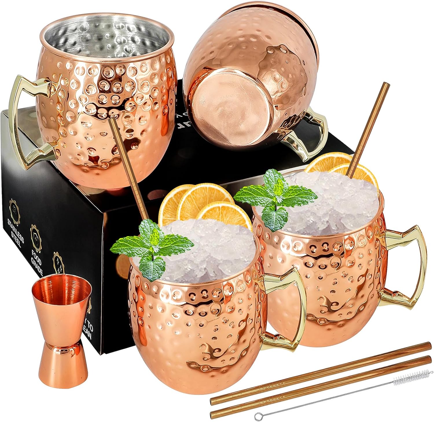 Moscow Mule Lot de 4 tasses avec doseur de 0,6 cl en acier inoxydable plaqué cuivre 530 ml Parfait pour les boissons froides Brun
