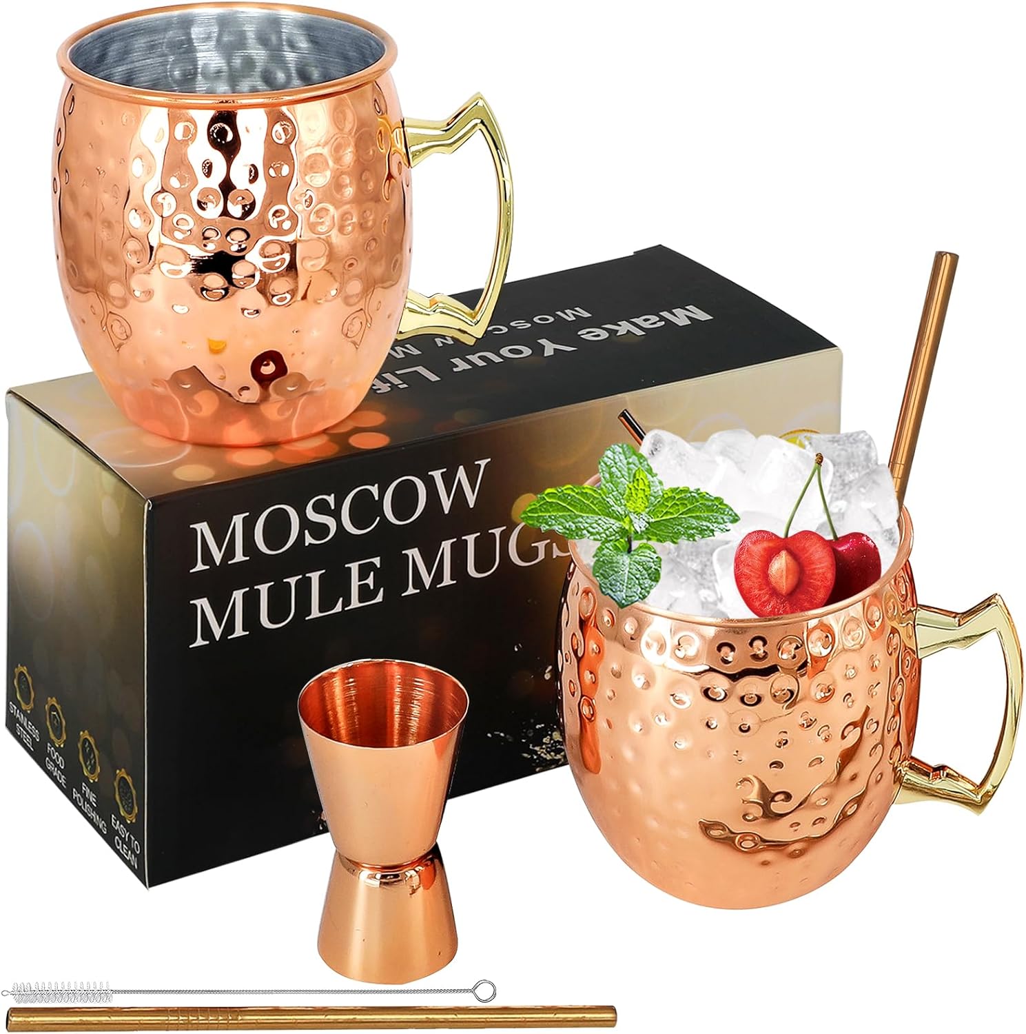 Moscow Mule Lot de 2 tasses en acier inoxydable martelé de qualité alimentaire pour cocktails, eau, boissons froides 2cuivre