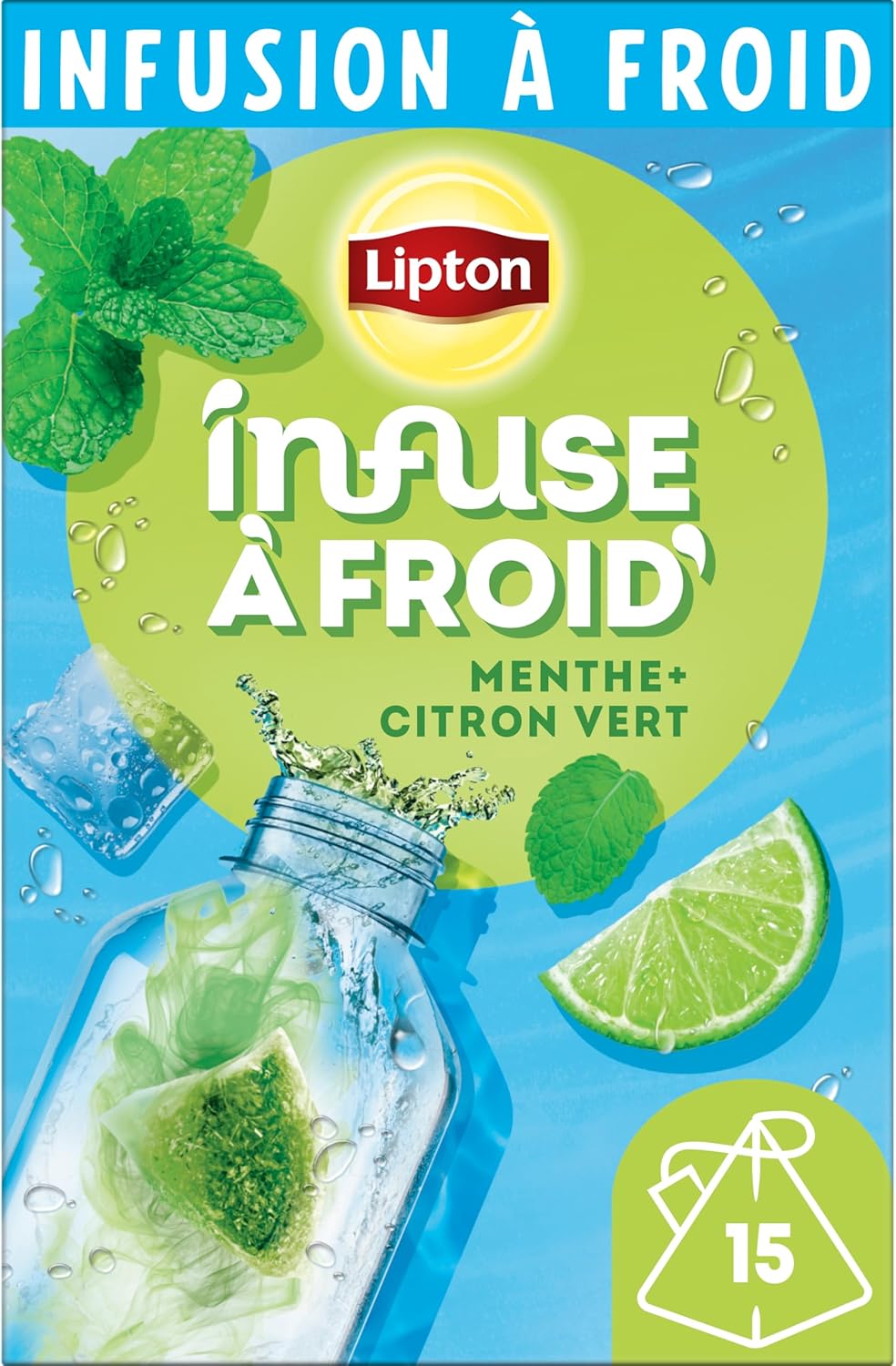 Lipton, Infuse à Froid, Infusion à Froid, Goût Citron & Menthe, Idéale pour le Thé Glacé, Ingrédients d'Origine 100% Naturelle, 15 Sachets Pyramid Citron Vert & Menthe 15 Unité (Lot de 1)
