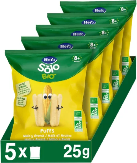 Hero Solo - Snack de Maïs et Avoine, 100% ECO, Sans Sucre et Ajouté, Sans Gluten et Additifs, Origine Naturalle, Produit Écologique, Convient aux Bébés à partir de 8 Mois - Pack de 5x25gr Maïs 25 g (Lot de 5)