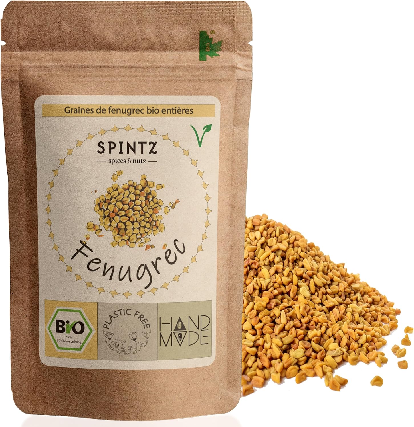 SPINTZ 1000g graines de fenugrec bio entières – emballage sans plastique, épice naturelle, graines de fenugrec, vegan, 100% naturel et sans additifs