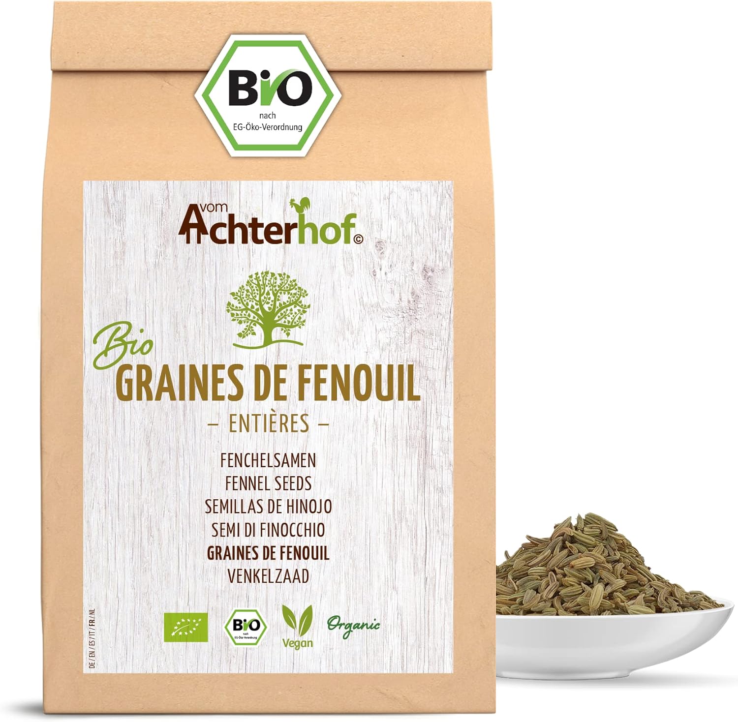 Graines de fenouil entières bio 500g - infusion de fenouil - goût doux et sucré - idéal pour la préparation de plats de pâtes, de soufflés & d'infusions réchauffantes - vom Achterhof 500 g (Lot de 1)