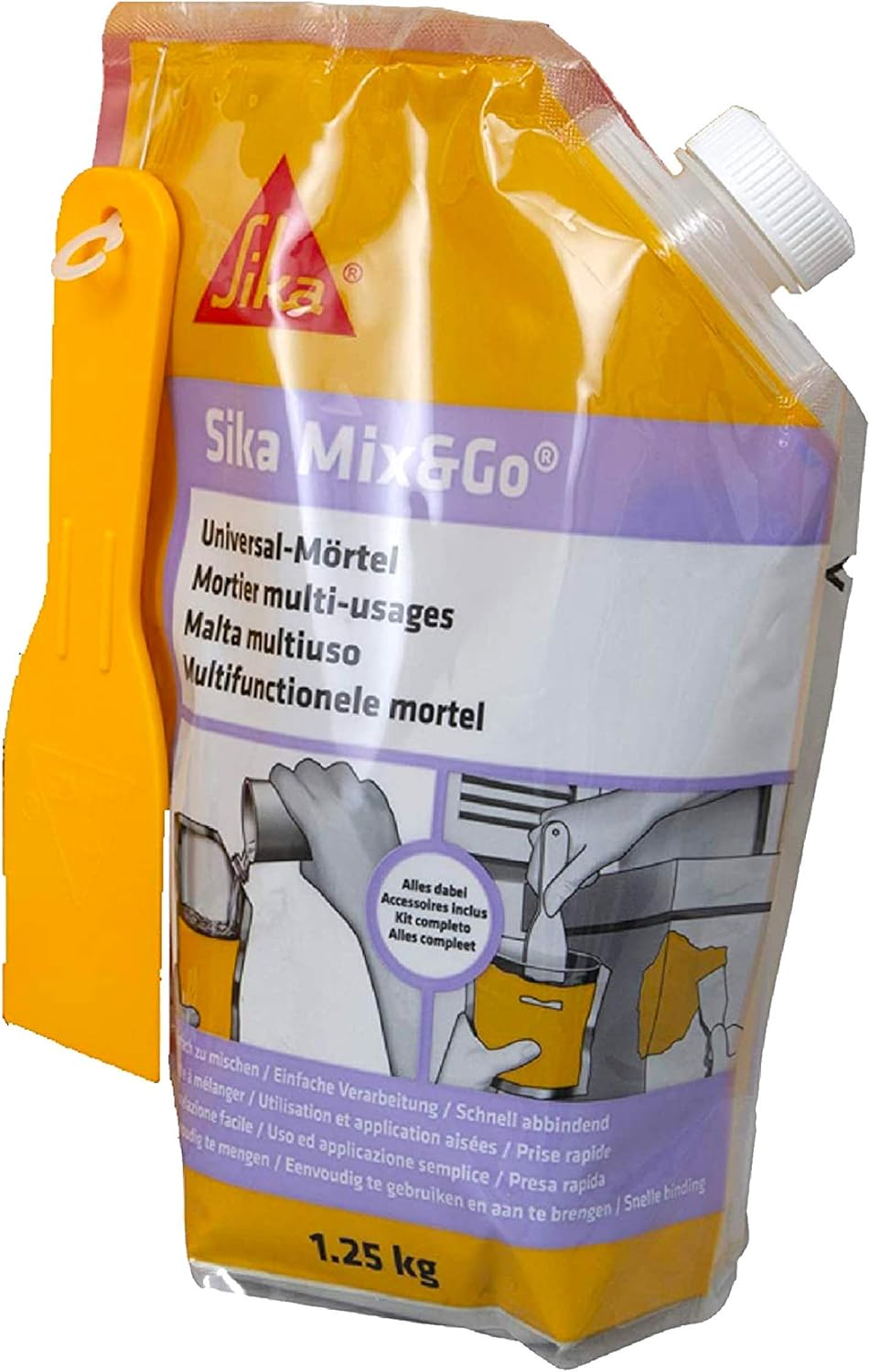Mortier multi-usages prêt à mélanger - Sika Mix & Go Gris - Réparation seuil, épaufrure, linteau et rebouchage fissures - Intérieur et extérieur - 1,25kg