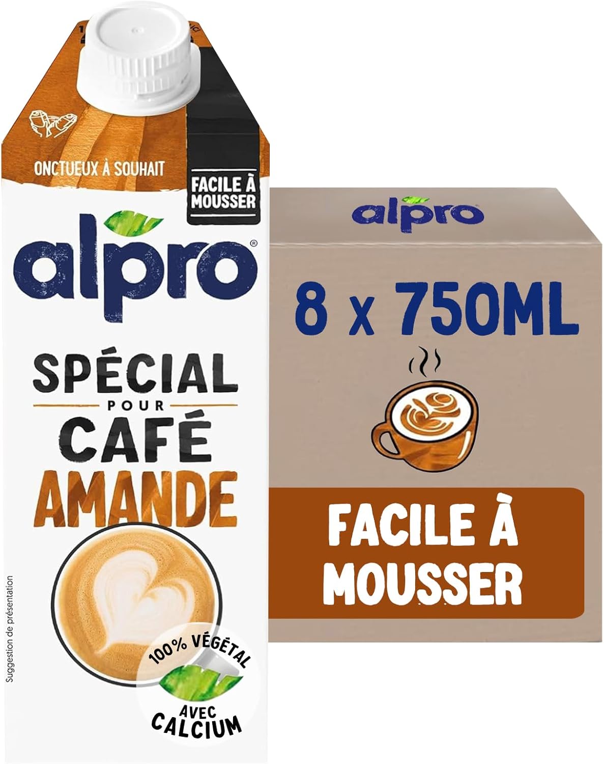 Spécial pour Café Amande, Boisson Végétale Amande Barista, Facile à Mousser, Naturellement Sans Lactose, Faible en sucres, Source de Calcium, Faible en matières grasses, 8x750 mL