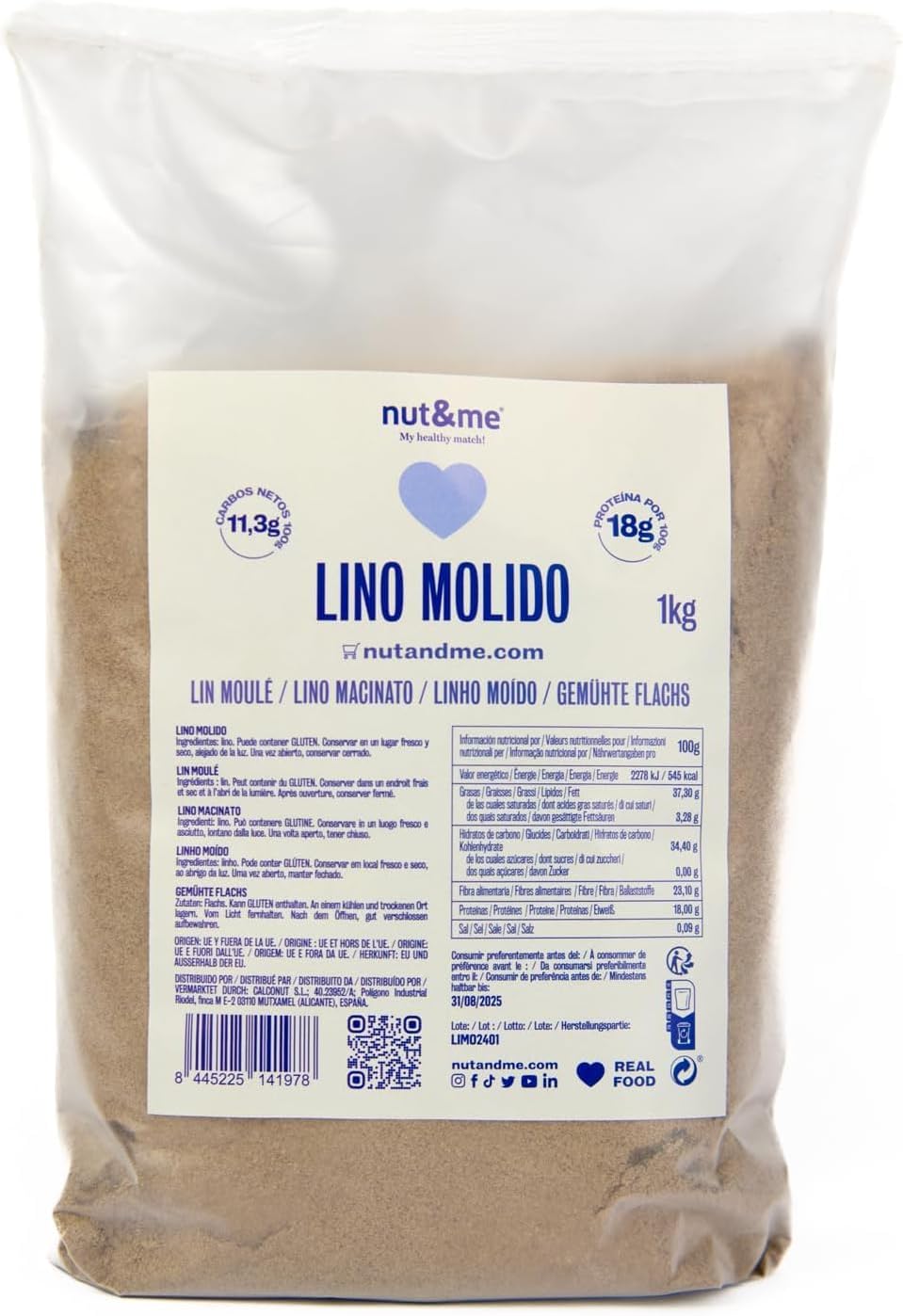 Graines de lin moulues 1 kg nut&me - Source de protéines - Riche en fibres - Sans gluten - Sans conservateurs ni additifs -