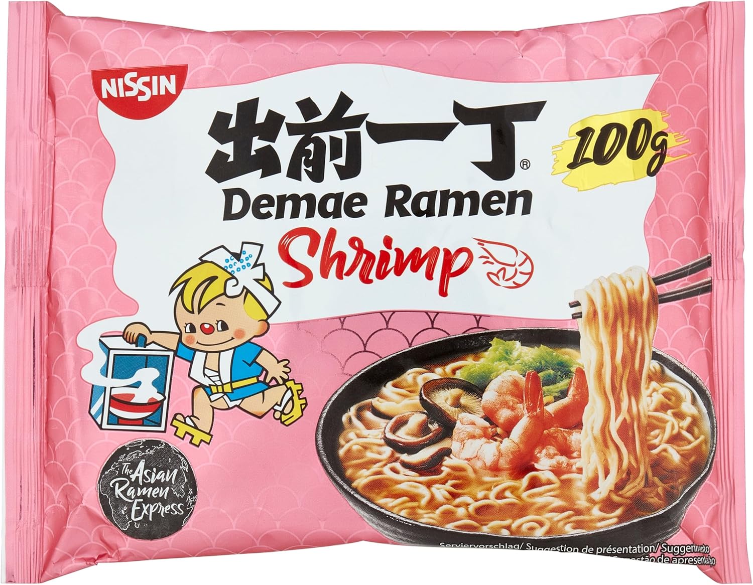 Nissin Demae Ramen - Shrimp, Paquet individuel, Nouilles instantanées à la japonaise, Au goût de crevettes/shrimp et aux épices asiatiques, Préparation rapide et facile, Repas Asiatique (1 x 100 g)