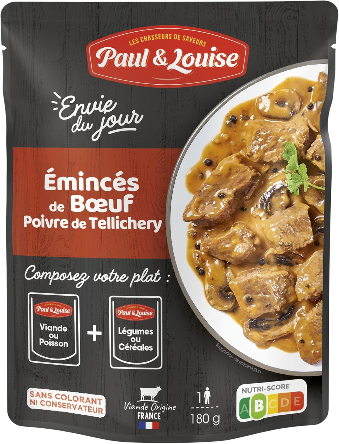Paul & Louise Envie Du Jour - Emincés de Bœuf au Poivre de Tellichery 180g - Sachet micro ondable - Prêt en 2 min - À combiner avec nos sachets d'accompagnements - Légumineuses ou Céréales