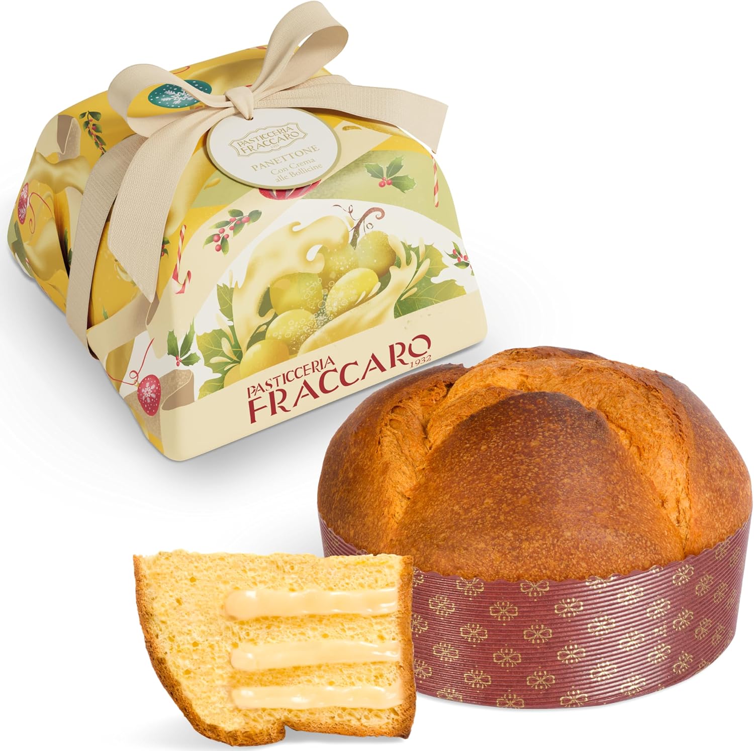 Panettone Italien Artisanal à la Crème de Vin Pétillant, 750gr, Pasticceria Fraccaro 1932, Pâte à Levure Mère, fourré de Crème enrichie au Vin Mousseux, Sans Fruits confits ni Raisins secs