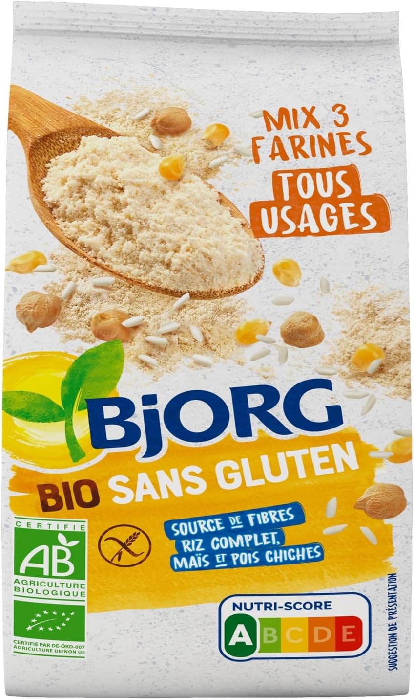 Mix 3 Farines Tous Usages - Farine Sans Gluten Bio - Farine de Riz Complet, Pois Chiche et Maïs - 3x 500 g