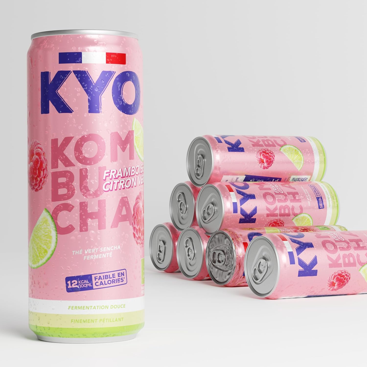 Lot de 8 Canettes Kombucha Framboise citron vert - Pétillant - faible en sucre - 33 cl Framboise Citron Vert 33 cl (Lot de 8)