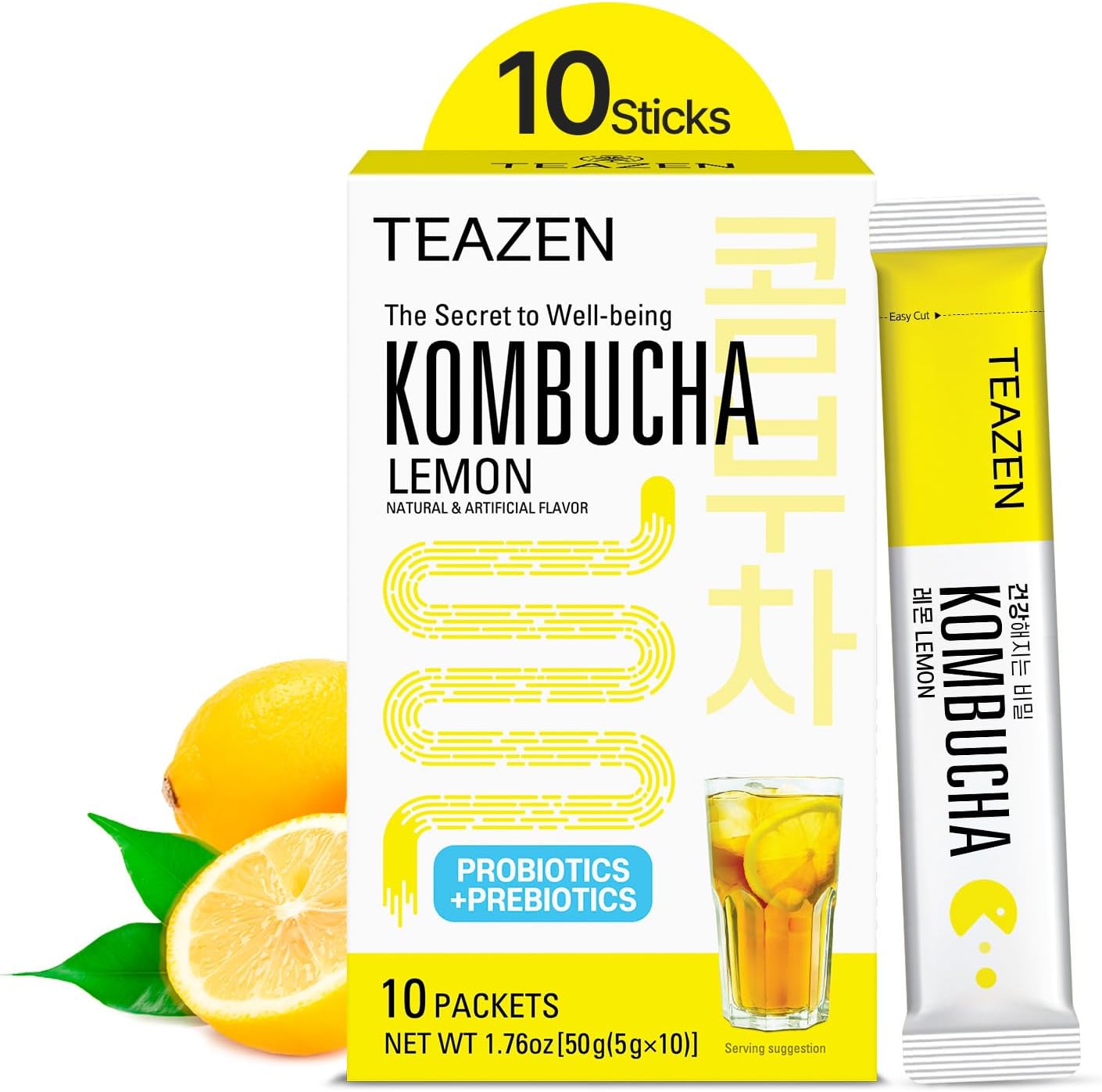 TEAZEN - Kombucha Citron – Boisson instantanée probiotique au thé – 10 sachets – Sans sucre, végétalien, faible en calories – Préparation pour boisson Coréenne tropicale avec prébiotiques
