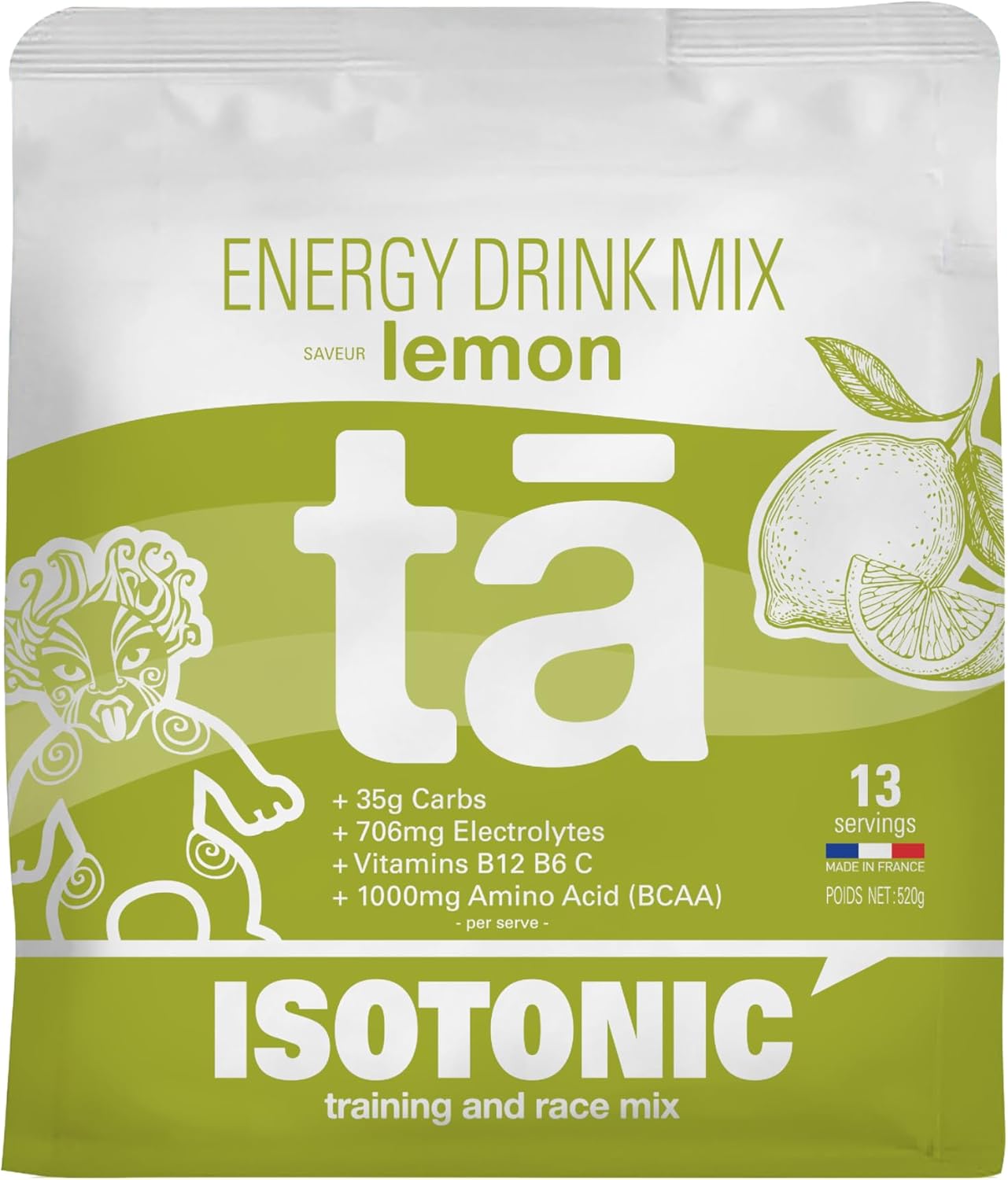 Boisson Énergétique fabriquée en France - Apport en Glucides, Electrolytes (sodium, magnésium, potassium) Vit (C, B6, B12) et BCAA - Sac de 520g soit 13 bidons de 500ml (Citron)