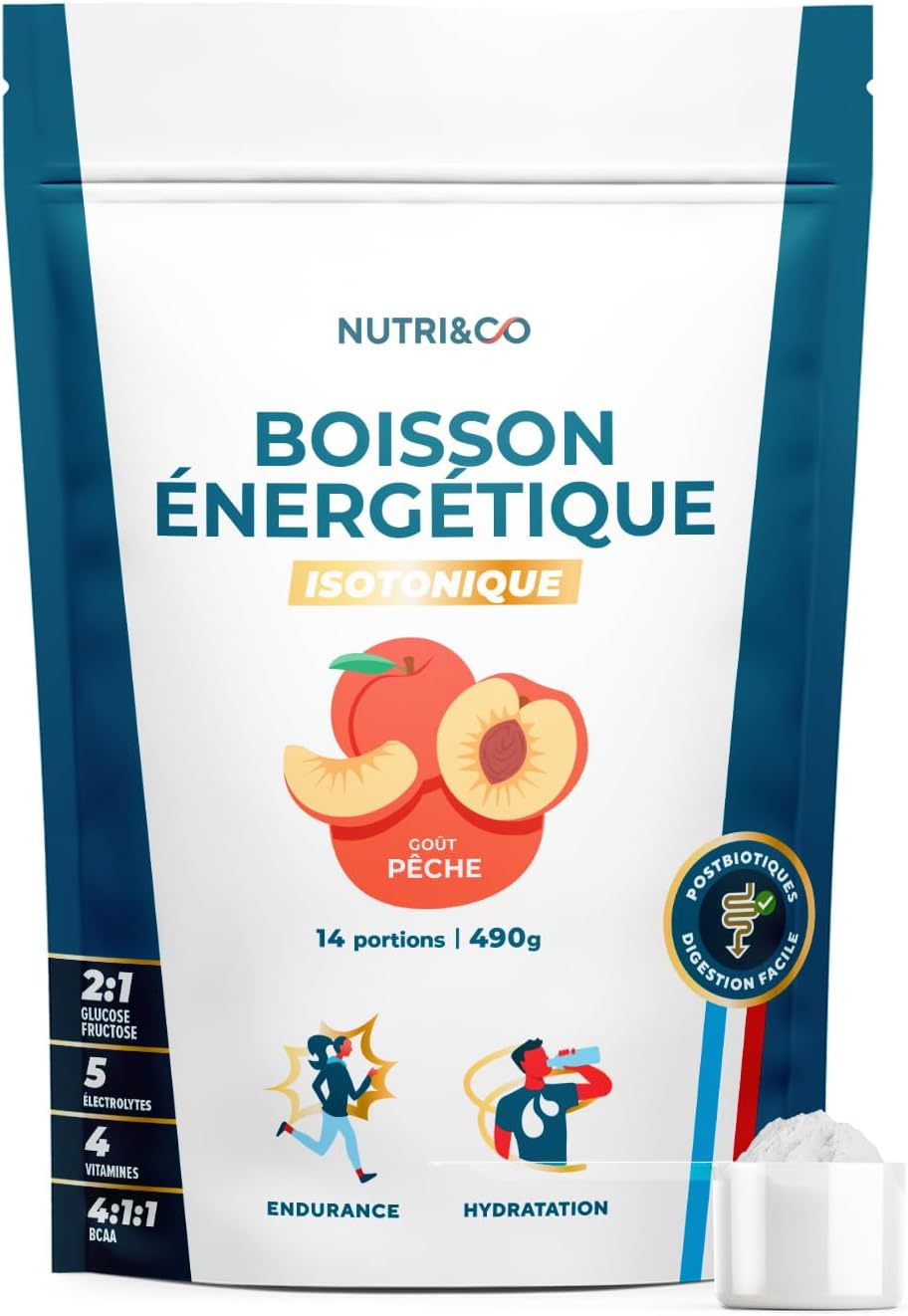 NUTRI & CO Boisson Énergétique Isotonique en Poudre – Ratio 2:1 Glucose/Fructose avec BCAA, Électrolytes, Postbiotiques & Gingembre - Running, Vélo, Hyrox – 490g goût pêche - Fabriqué en France