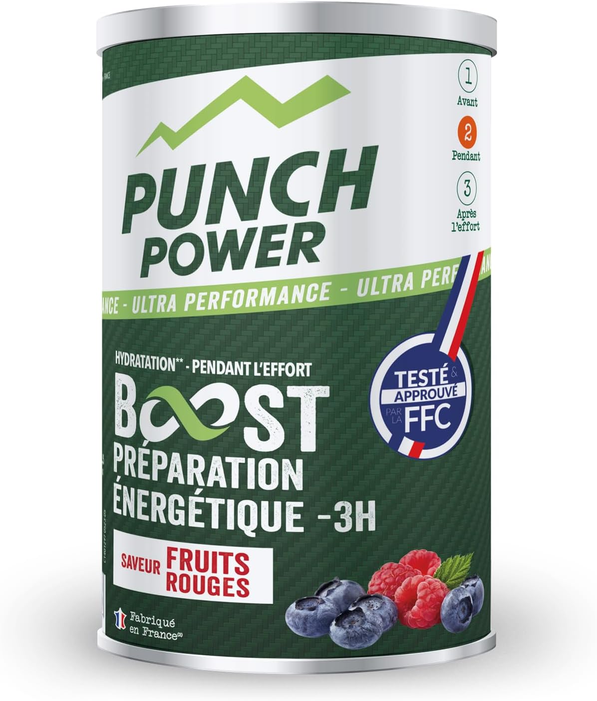 Boisson energetique PUNCH POWER - Boost énergétique -3H - Poudre energisante sport energie & hydratation - Vitamine b12 + glucides + electrolytes - Goût fruits rouges - Made in France