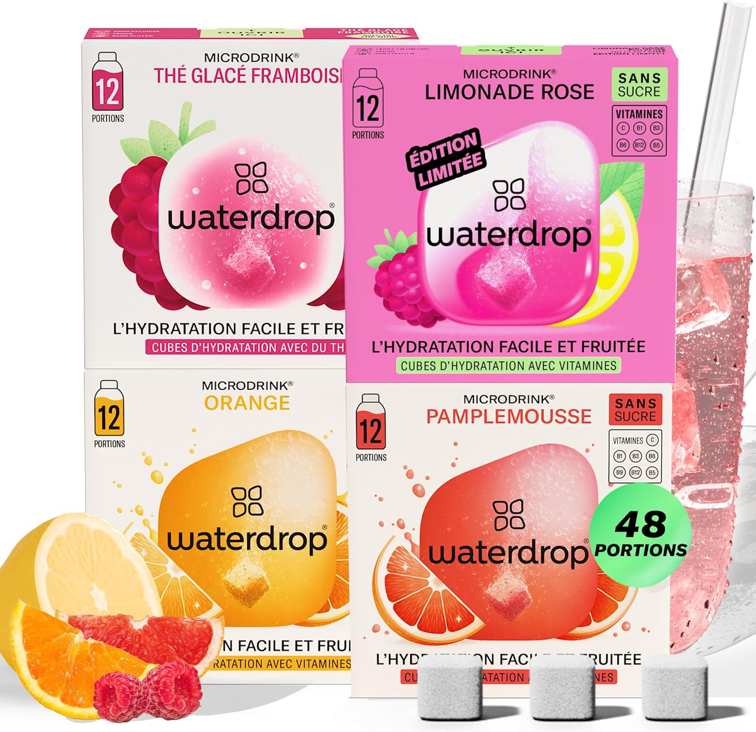Waterdrop® Microdrink Coffret de Limonade - 48 Pastilles Boisson Hydratante, Thé Glacé Framboise, Orange, Pamplemousse & Limonade Rose, Eau Aromatisée Sans Sucre avec Vitamine C & B, Vegan