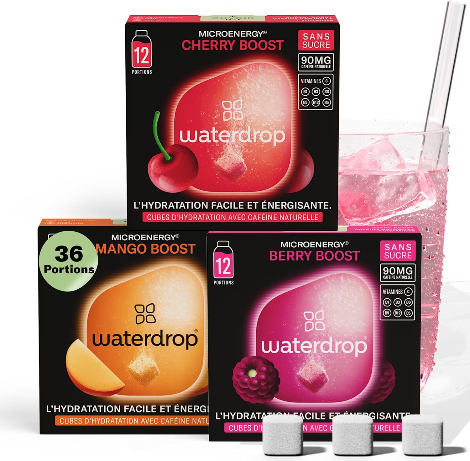 Waterdrop® Coffret Microenergy, Boisson Énergisante Sans Sucre, Boisson Gazeuse aux Arômes de Mûre, Mangue et Cerise, 36 Cubes Effervescents avec 90 mg de Caféine Naturelle, Vitamines B et C Coffret Microenergy Boost