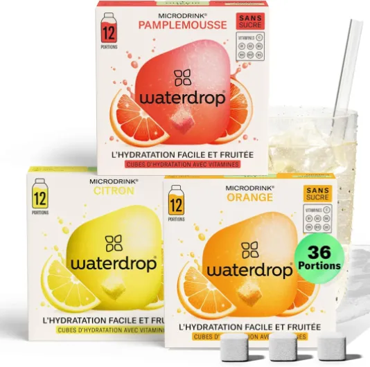 Waterdrop® Coffret Microdrink, Orange, Citron et Pamplemousse, 36 boisson en cube effervescente sans sucre pour aromatiser l'eau, Extraits de fruits et de plantes, Eau Aromatisée infusion à froid Limonade