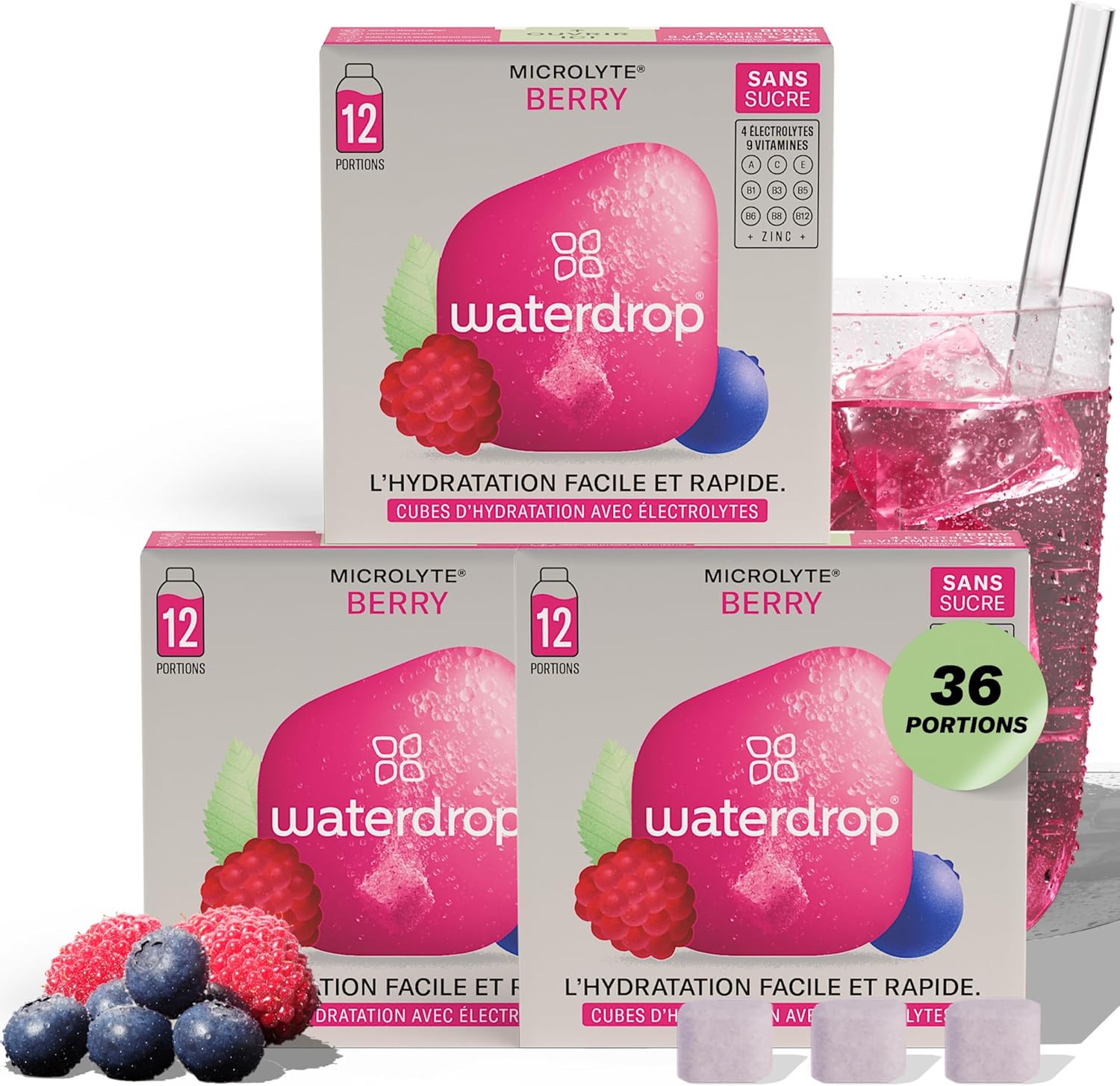 Waterdrop® Microlyte Berry - Coffret Hydratation aux Electrolytes, 36 Cubes de Boisson Aromatisée avec Magnesium & Calcium, Végan, Sans Sucre, Vitamines, Boisson Faible en Calories pour le Sport Coffret Microlyte BERRY